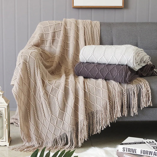 Nordic Knitted Throw Blanket – Oversized with Tassels