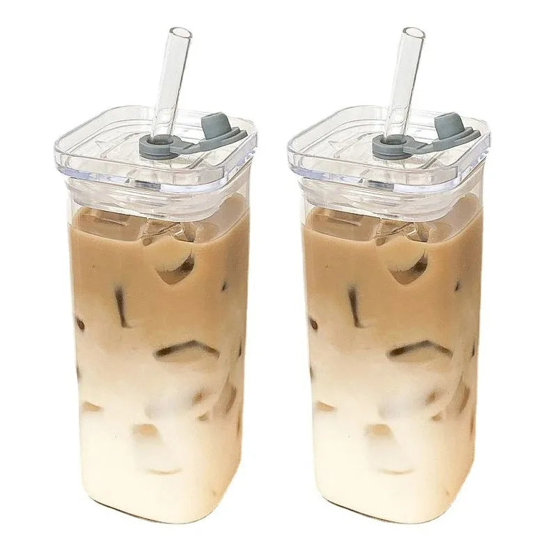 Square Heat-Resistant Coffee Glass Cup with Lid & Straw – Transparent Drinkware