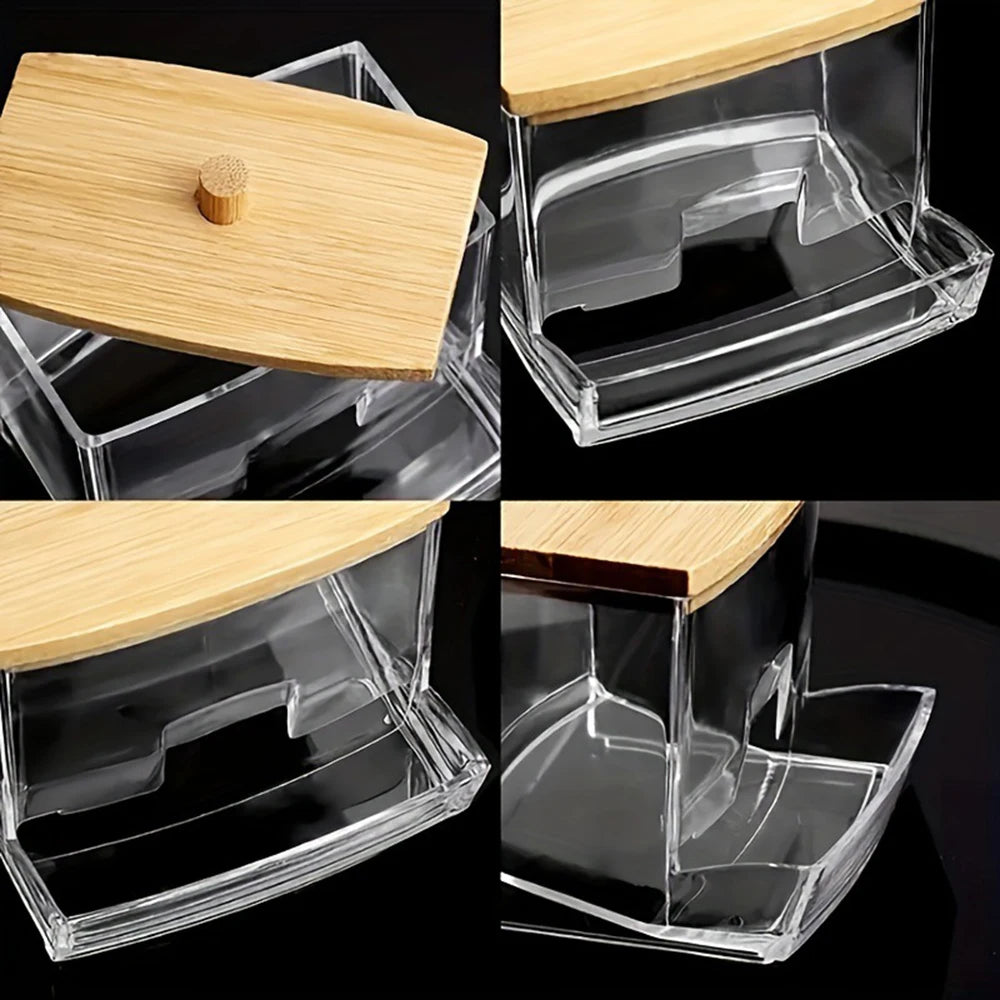 Cotton Swab Storage Box with Bamboo Lid – Clear & Space-Saving