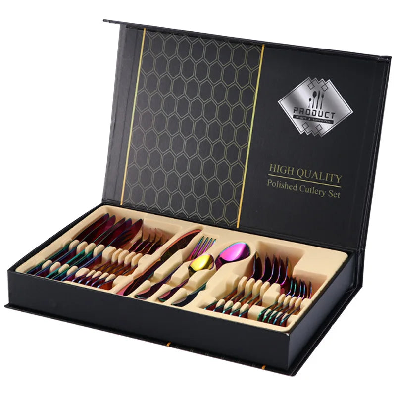 24-Piece Black & Gold Silverware Set – Elegant Stainless Steel Flatware