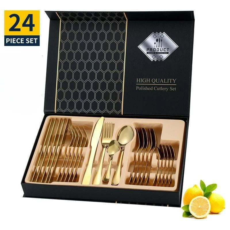 24-Piece Black & Gold Silverware Set – Elegant Stainless Steel Flatware