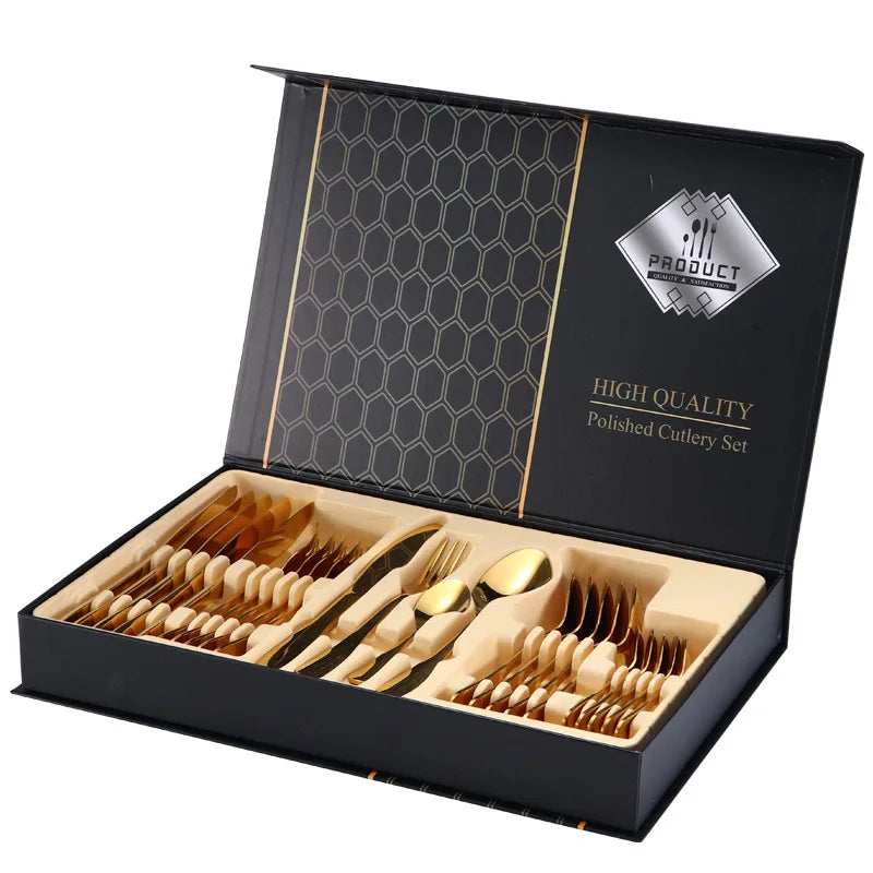 24-Piece Black & Gold Silverware Set – Elegant Stainless Steel Flatware