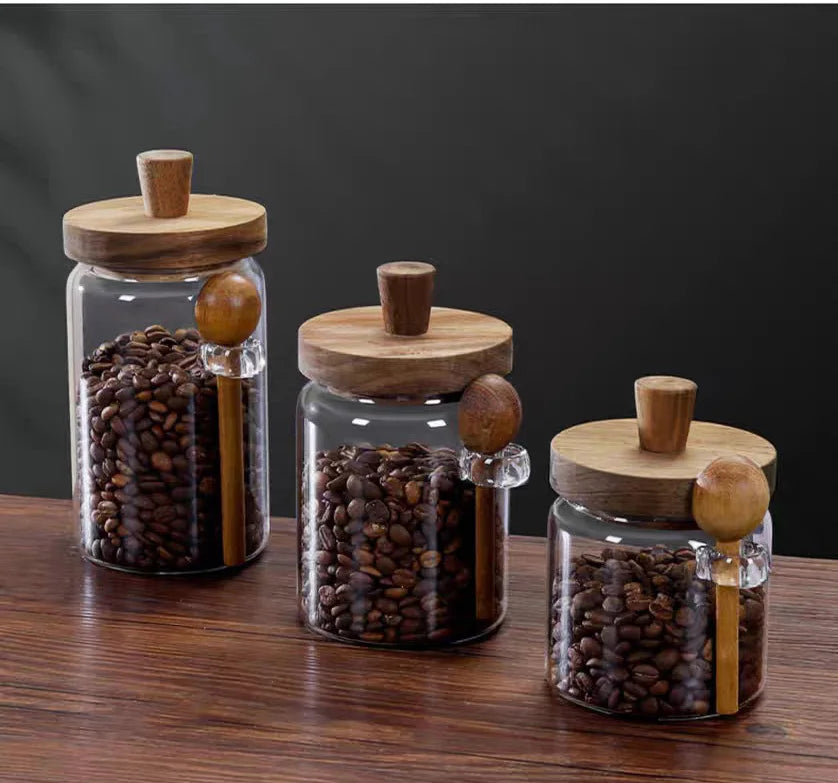 Kitchen Glass Storage Jar with Wooden Lid &amp; Spoon – Moisture-Proof Borosilicate Container