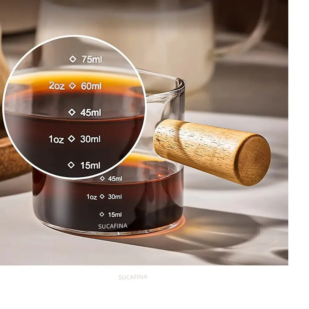 Glass Espresso Measuring Cup with Wooden Handle