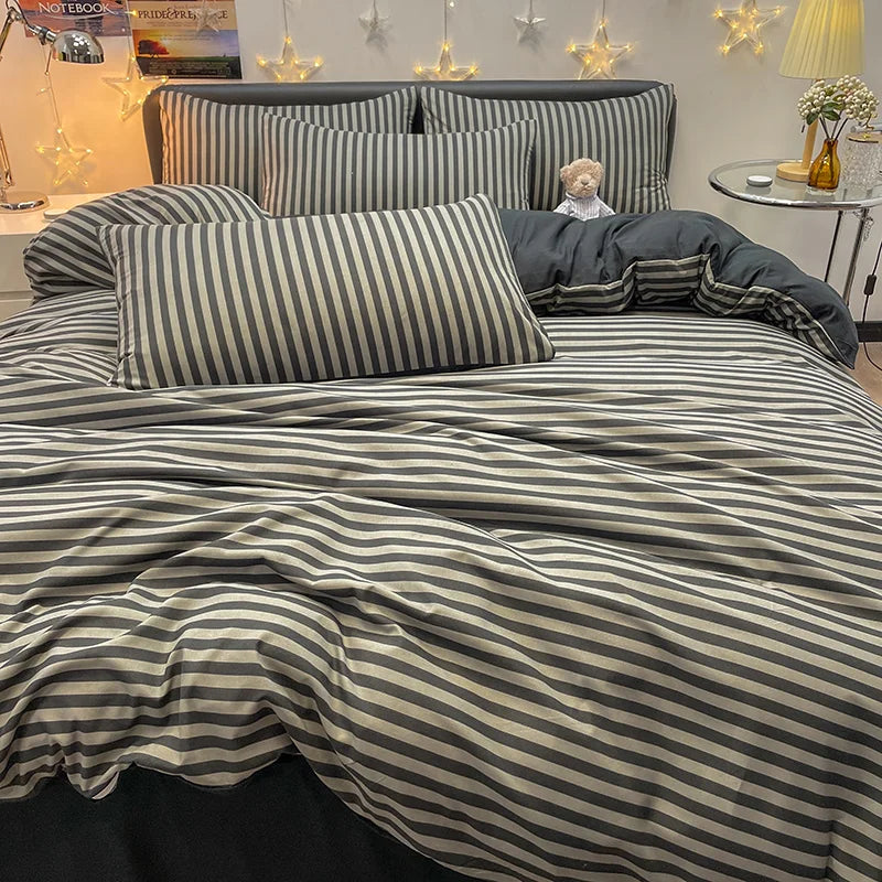 Nordic Plaid Pattern Washed Cotton Bedding Set – 4-Piece Duvet Cover Set