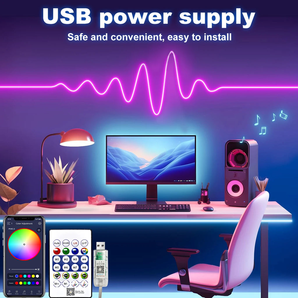 5V RGB Neon Strip Light – Vibrant Waterproof LED Glow for Rooms, TVs &amp; Home Décor (Bluetooth + Remote)