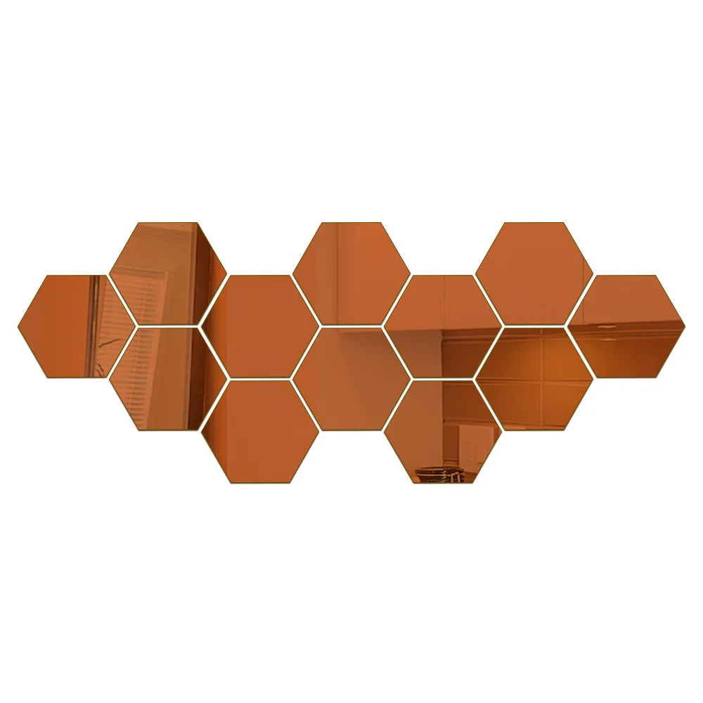 6/12pcs 3D Hexagon Mirror Wall Stickers – Rose Gold DIY Home Decor for Living Room, Bedroom, Bathroom &amp; TV Background Walls
