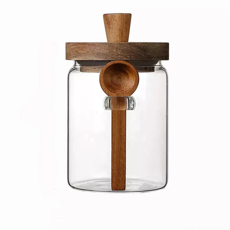 Kitchen Glass Storage Jar with Wooden Lid &amp; Spoon – Moisture-Proof Borosilicate Container