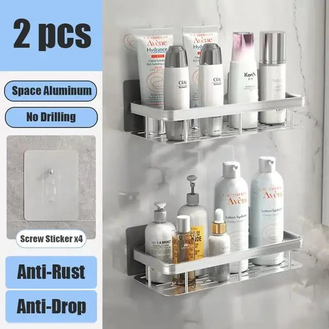 No-Drill Aluminium Bathroom Shelf – Wall Mounted Storage Rack