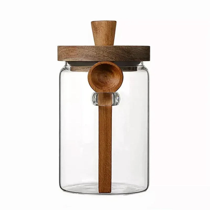 Kitchen Glass Storage Jar with Wooden Lid &amp; Spoon – Moisture-Proof Borosilicate Container