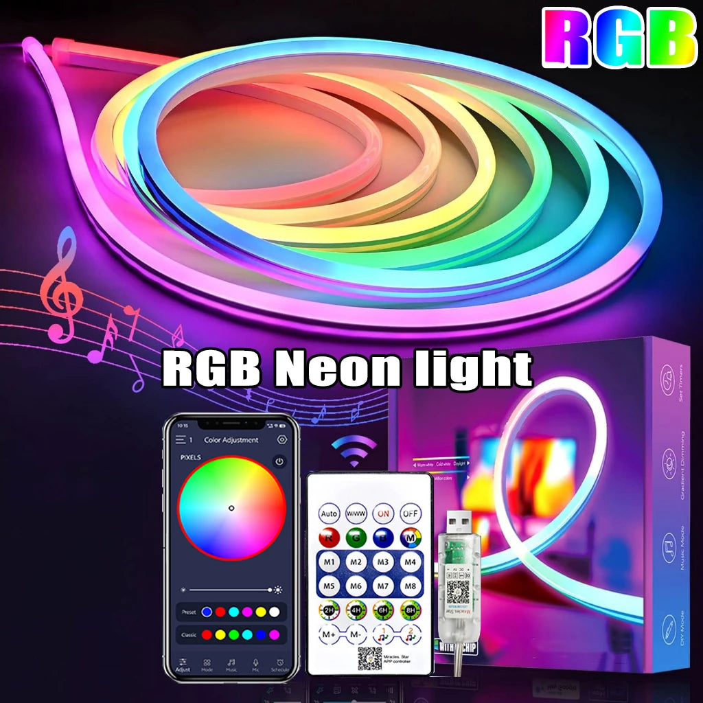 5V RGB Neon Strip Light – Vibrant Waterproof LED Glow for Rooms, TVs &amp; Home Décor (Bluetooth + Remote)