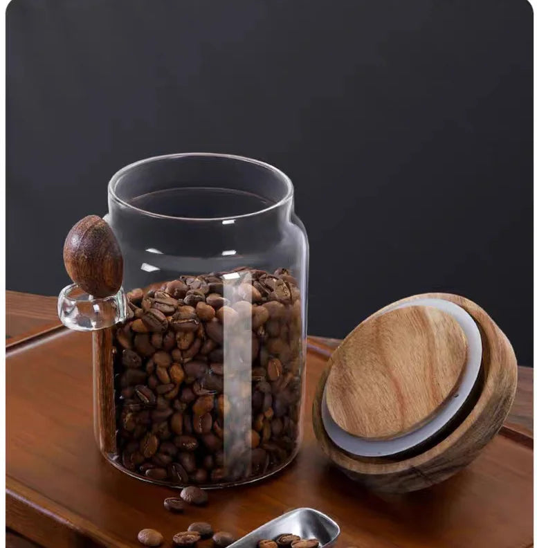 Kitchen Glass Storage Jar with Wooden Lid &amp; Spoon – Moisture-Proof Borosilicate Container