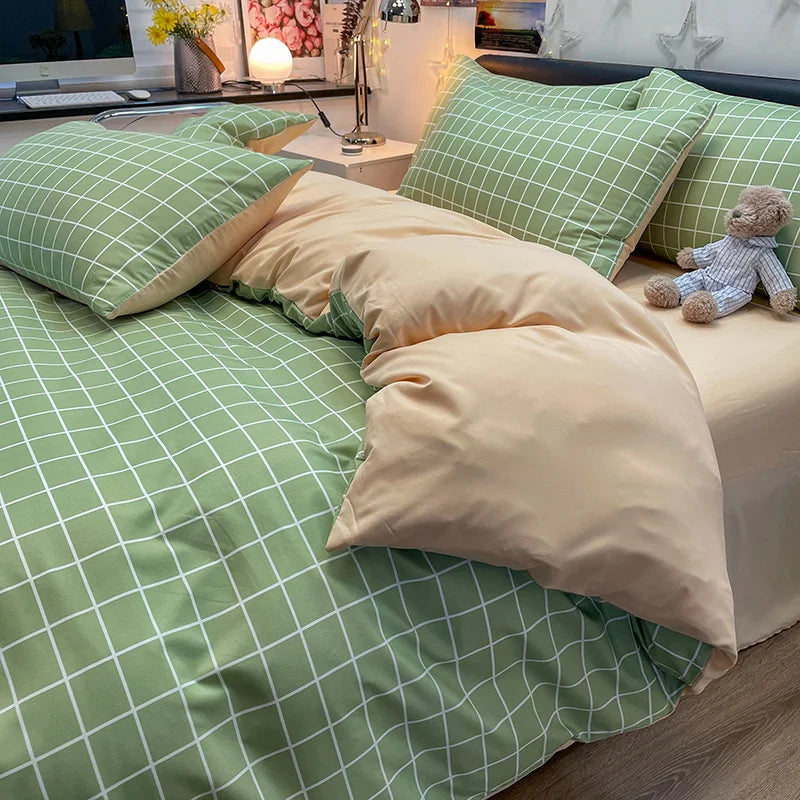 Nordic Plaid Pattern Washed Cotton Bedding Set – 4-Piece Duvet Cover Set