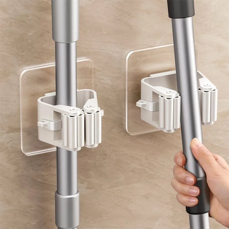 Multi-Purpose Adhesive Wall Hooks – Mop & Broom Holder for Kitchen/Bathroom Organization