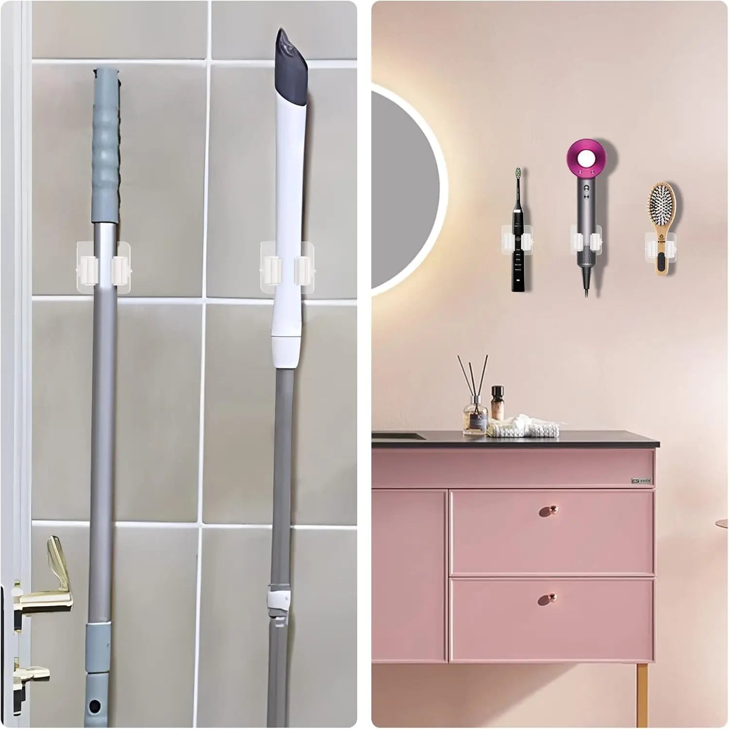 Multi-Purpose Adhesive Wall Hooks – Mop & Broom Holder for Kitchen/Bathroom Organization
