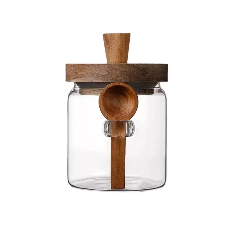 Kitchen Glass Storage Jar with Wooden Lid &amp; Spoon – Moisture-Proof Borosilicate Container