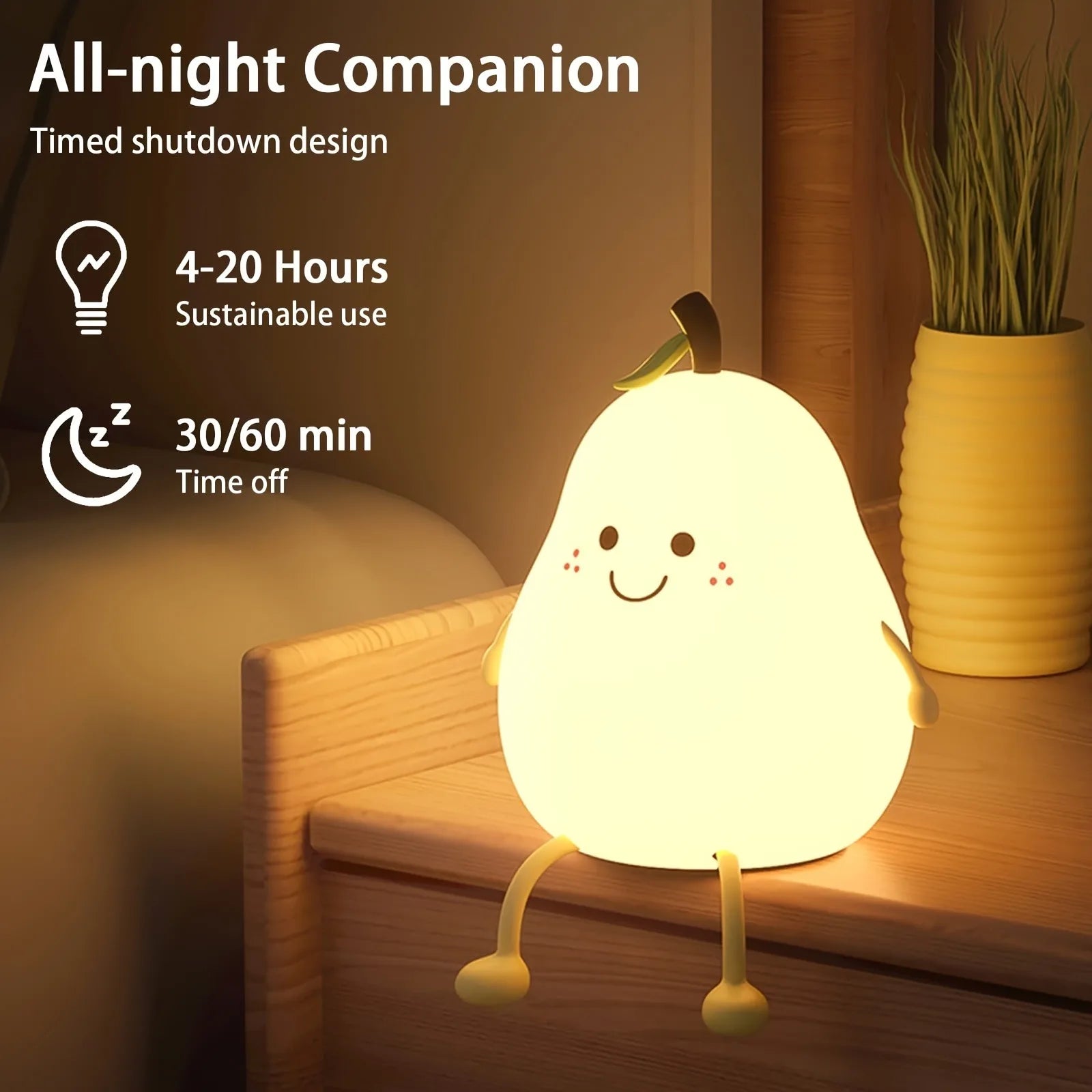 Cute Pear 7-Color Touch Night Light – USB Rechargeable