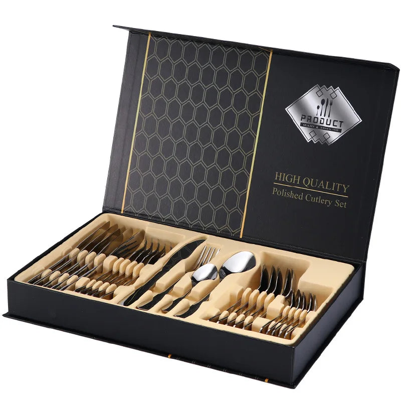 24-Piece Black & Gold Silverware Set – Elegant Stainless Steel Flatware