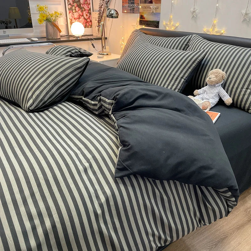 Nordic Plaid Pattern Washed Cotton Bedding Set – 4-Piece Duvet Cover Set