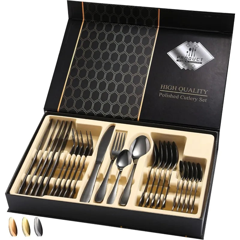 24-Piece Black & Gold Silverware Set – Elegant Stainless Steel Flatware