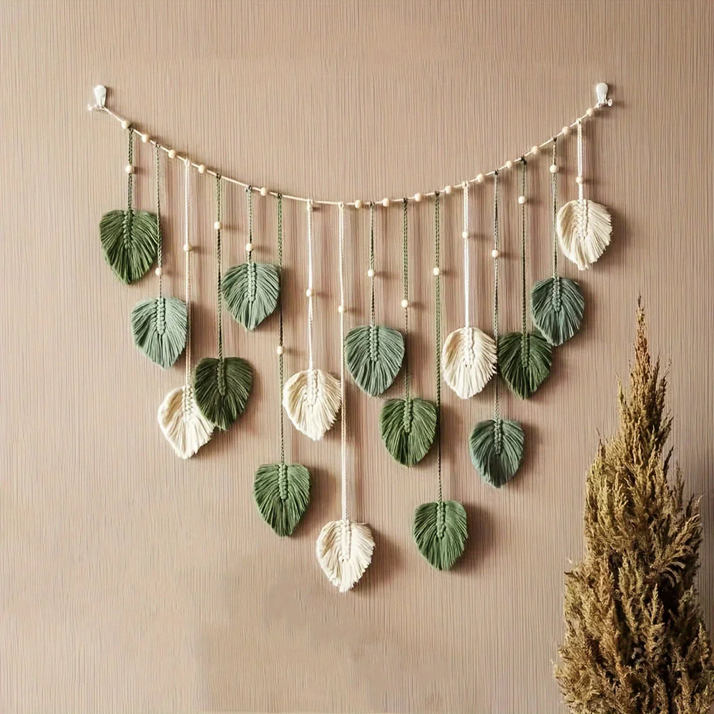Modern Woven Wall Décor – Bohemian Style with Green Leaves