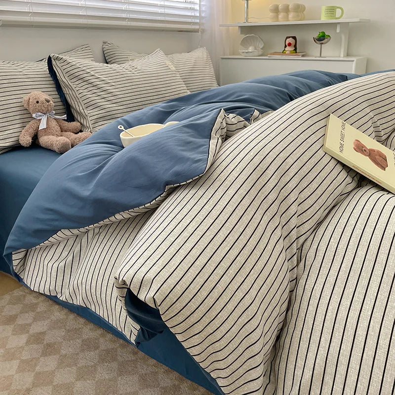 Nordic Plaid Pattern Washed Cotton Bedding Set – 4-Piece Duvet Cover Set