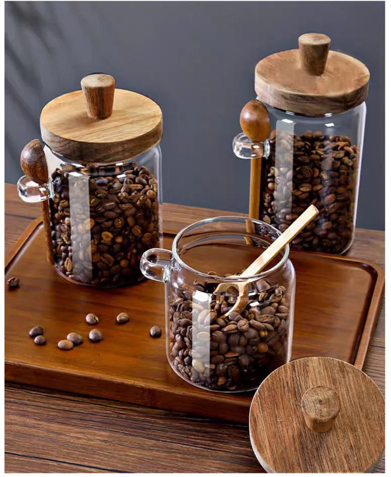 Kitchen Glass Storage Jar with Wooden Lid &amp; Spoon – Moisture-Proof Borosilicate Container