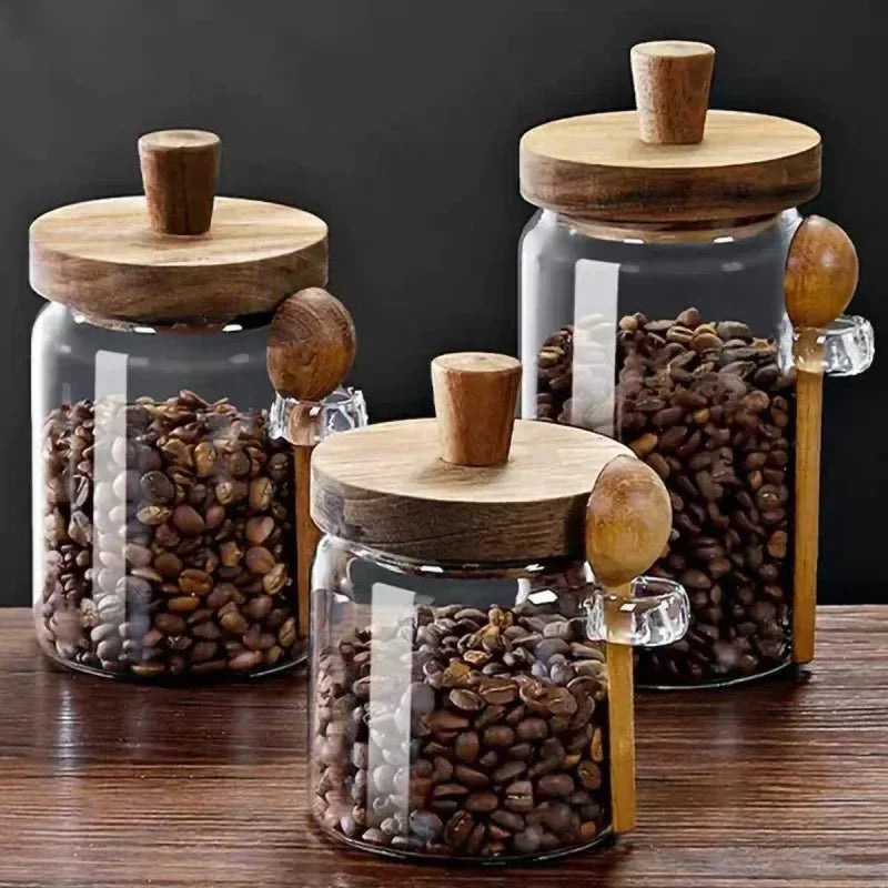 Kitchen Glass Storage Jar with Wooden Lid &amp; Spoon – Moisture-Proof Borosilicate Container