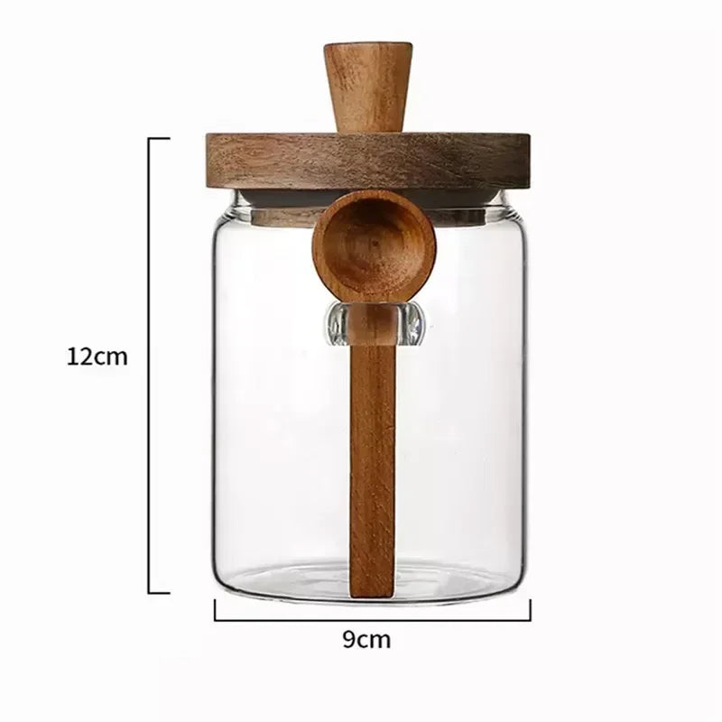 Kitchen Glass Storage Jar with Wooden Lid &amp; Spoon – Moisture-Proof Borosilicate Container