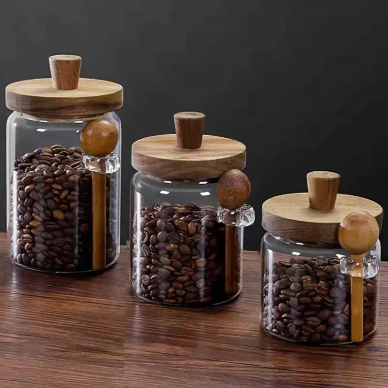 Kitchen Glass Storage Jar with Wooden Lid &amp; Spoon – Moisture-Proof Borosilicate Container