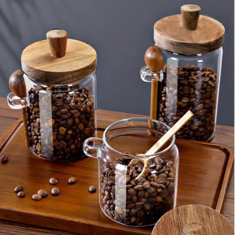 Kitchen Glass Storage Jar with Wooden Lid &amp; Spoon – Moisture-Proof Borosilicate Container