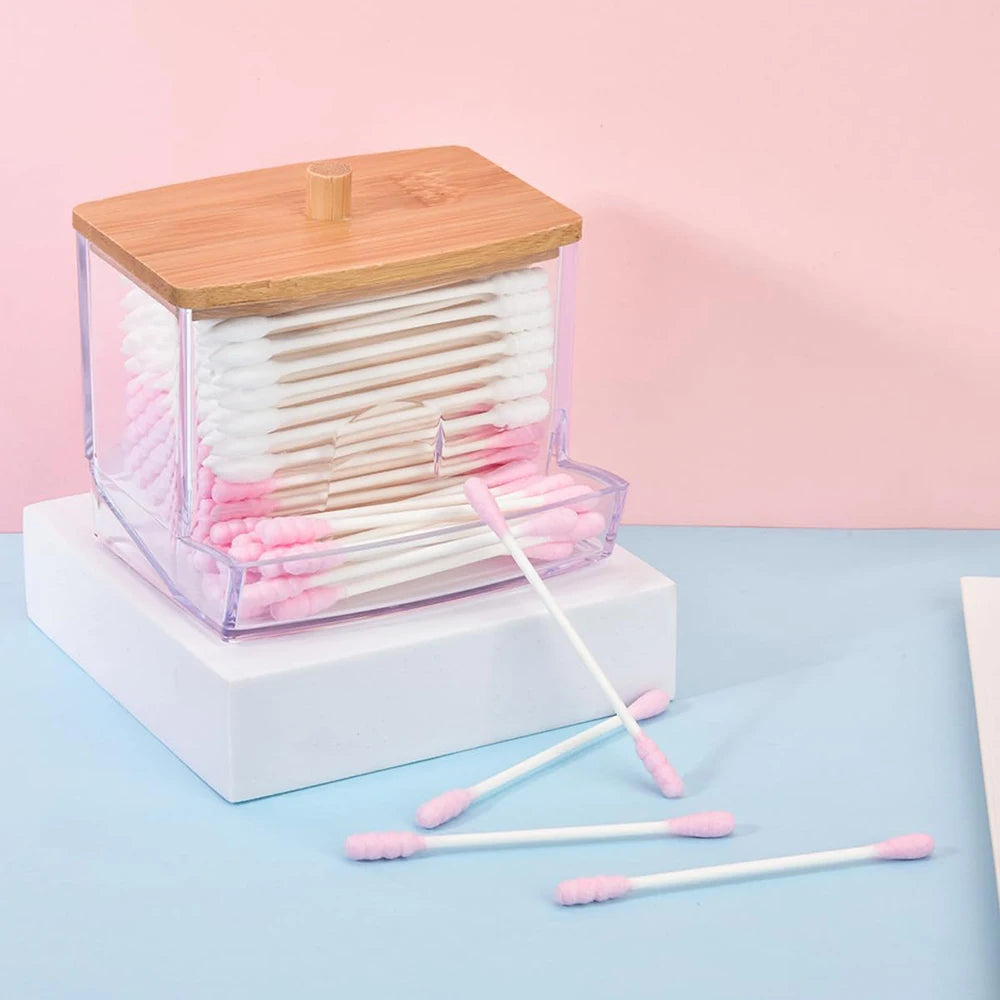 Cotton Swab Storage Box with Bamboo Lid – Clear & Space-Saving