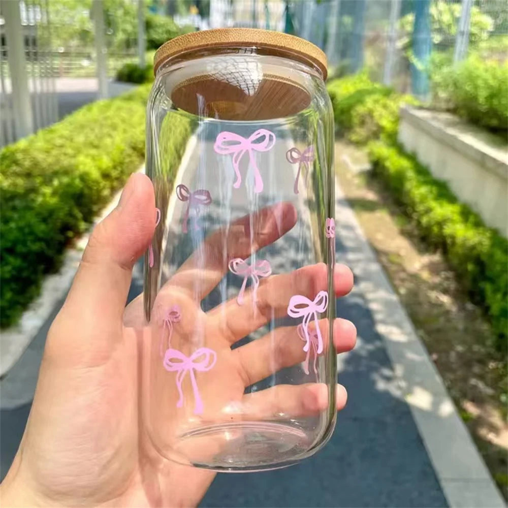 500ml Pink Bow Glass Tumbler with Lid & Straw