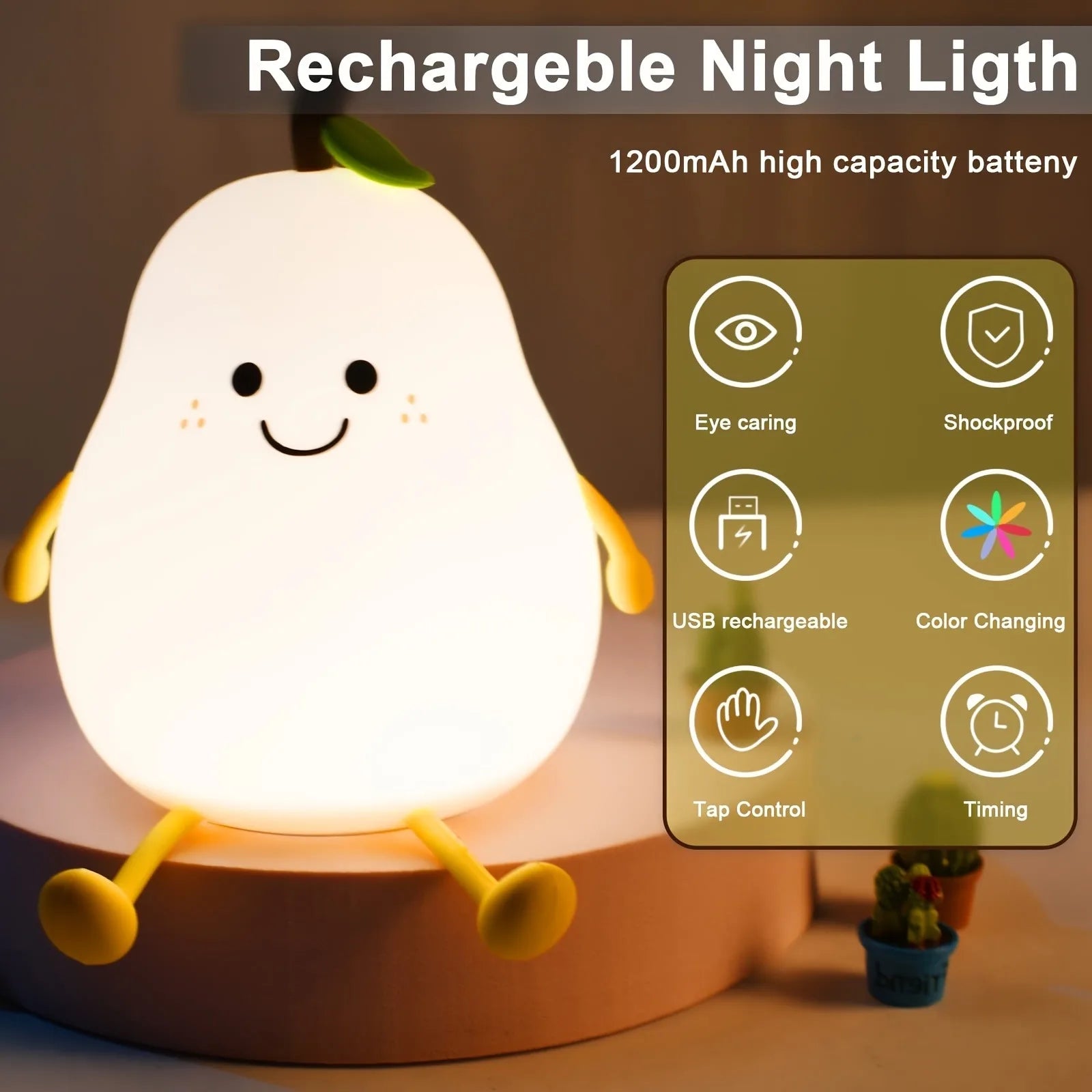 Cute Pear 7-Color Touch Night Light – USB Rechargeable