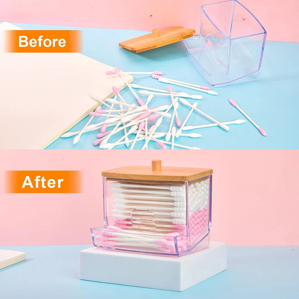 Cotton Swab Storage Box with Bamboo Lid – Clear & Space-Saving