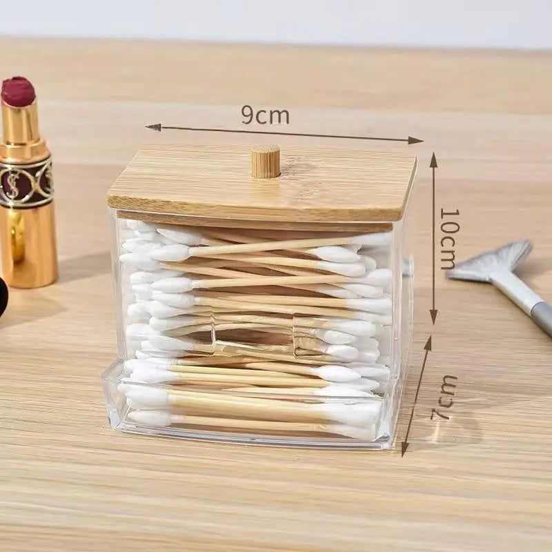Cotton Swab Storage Box with Bamboo Lid – Clear & Space-Saving