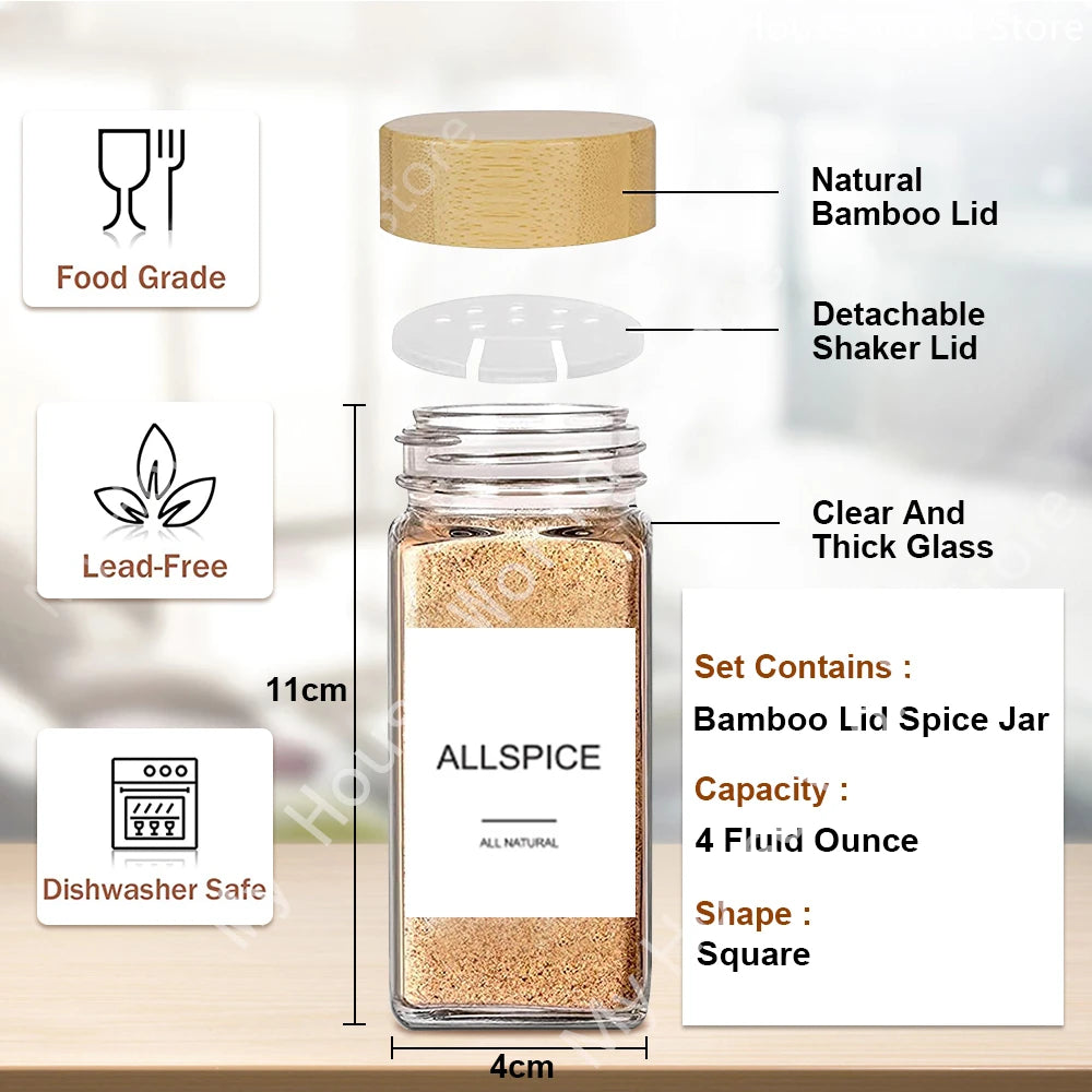 Glass Spice Jars with Bamboo Lid — Premium Seasoning Container & Organizer Set