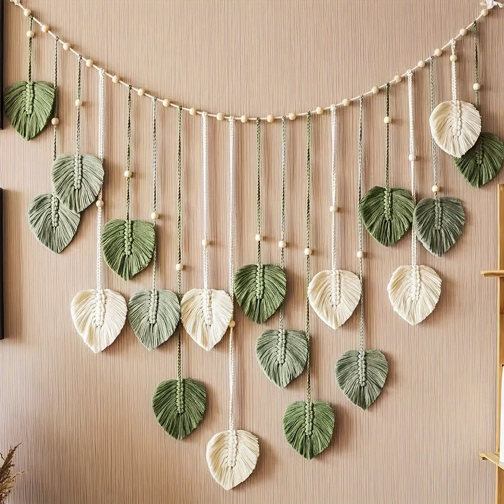 Modern Woven Wall Décor – Bohemian Style with Green Leaves