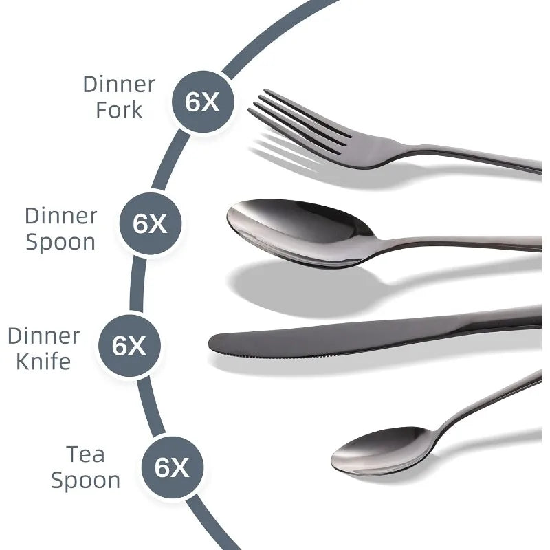 24-Piece Black & Gold Silverware Set – Elegant Stainless Steel Flatware