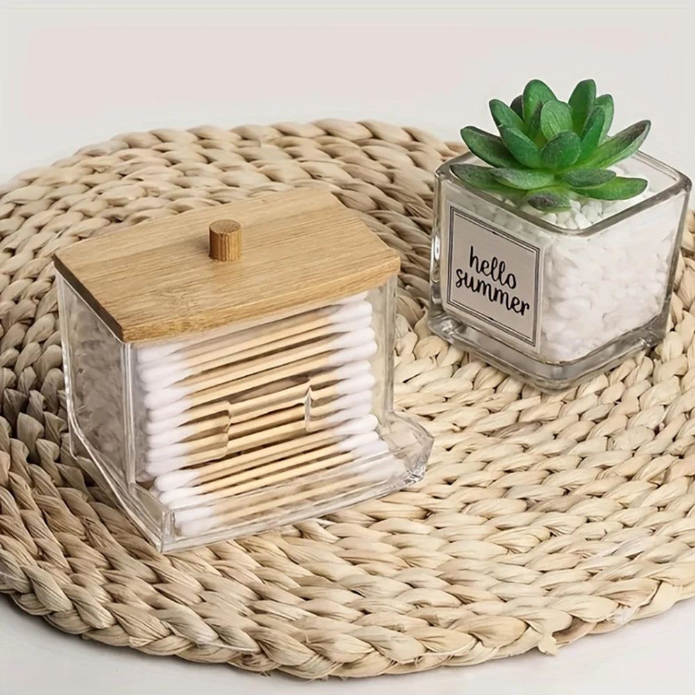 Cotton Swab Storage Box with Bamboo Lid – Clear & Space-Saving