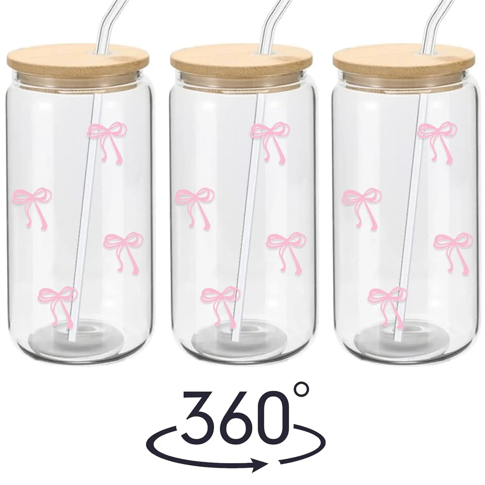 500ml Pink Bow Glass Tumbler with Lid & Straw