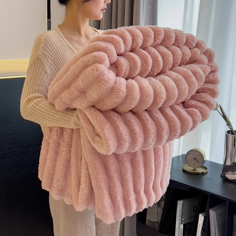Soft Fluffy Throw Blanket – Striped Coral Fleece