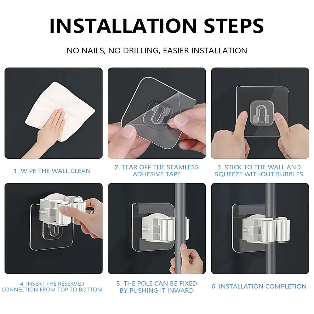 Multi-Purpose Adhesive Wall Hooks – Mop & Broom Holder for Kitchen/Bathroom Organization