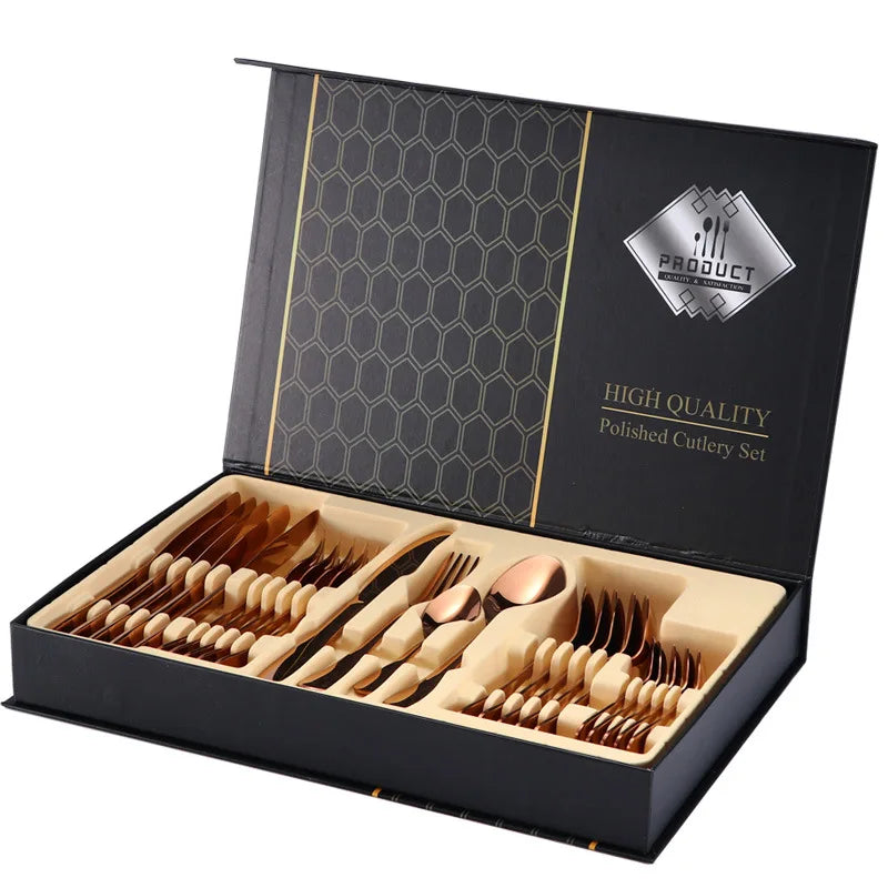 24-Piece Black & Gold Silverware Set – Elegant Stainless Steel Flatware