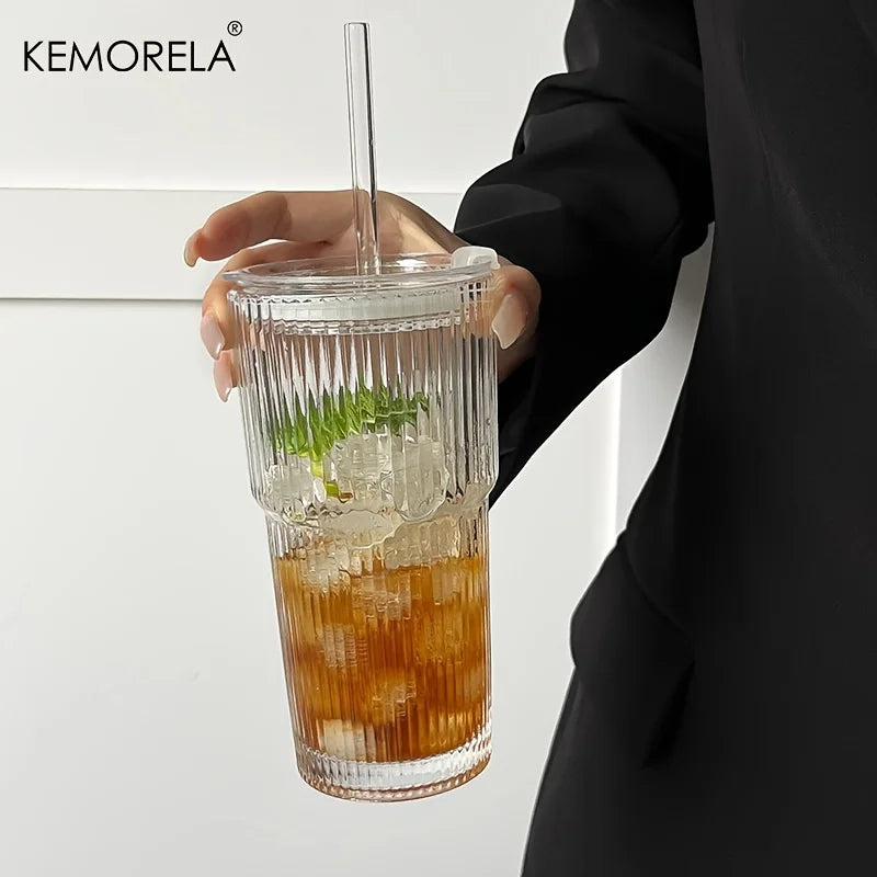 600ML Stripe Glass Coffee Cup With Lid