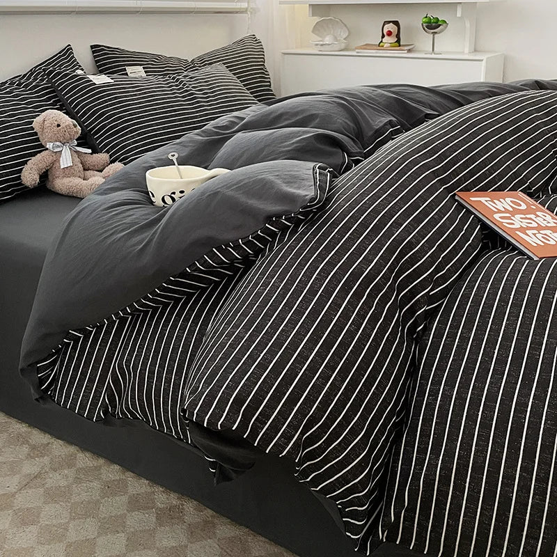 Nordic Plaid Pattern Washed Cotton Bedding Set – 4-Piece Duvet Cover Set