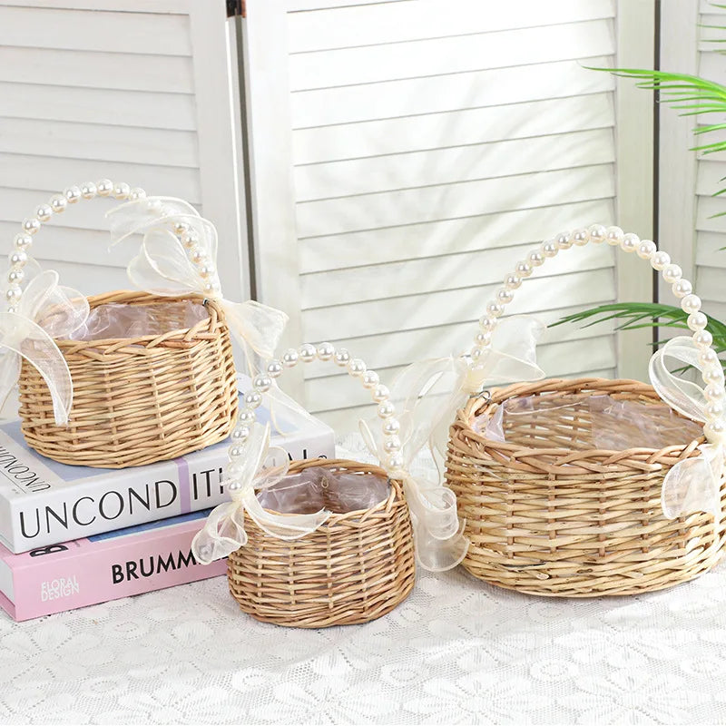 Rattan Basket with Pearl Handle