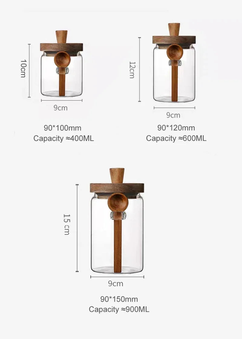 Kitchen Glass Storage Jar with Wooden Lid &amp; Spoon – Moisture-Proof Borosilicate Container